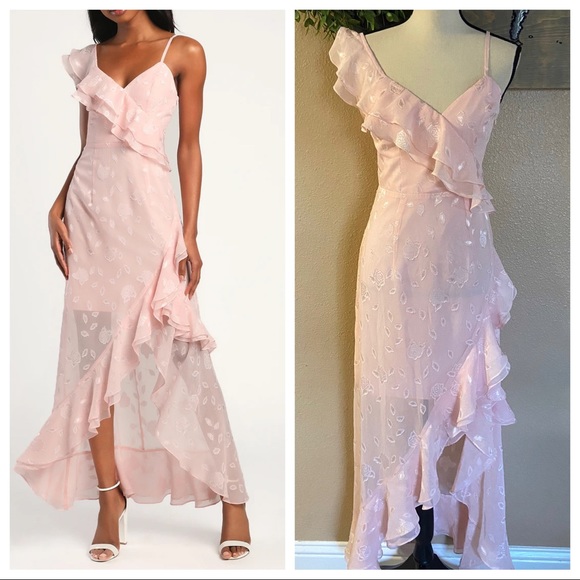 NWOT Lulus Forever Blush Pink Floral Jacquard Ruffled Maxi Dress - Picture 1 of 12